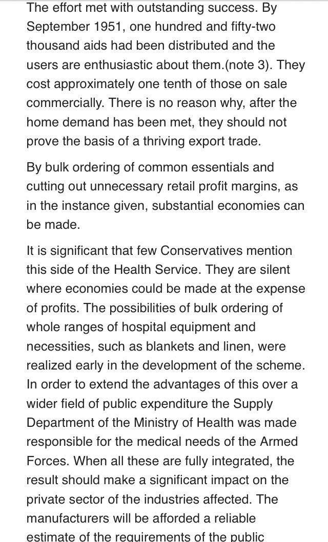 Bevan on how the NHS could help develop manufacturing of medical items & gain efficiencies thru centralised procurement of equipment (sadly subsequent governments neglected the former, & more recently, significantly fragmented & privatised the latter)