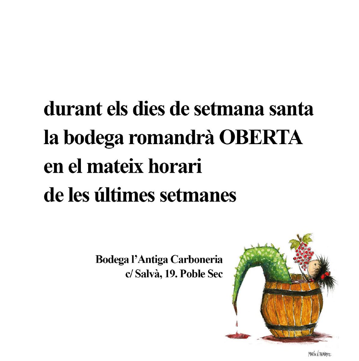 antigacarbodega's tweet photo. Durant els dies de setmana santa la bodega romandrà oberta en el mateix horari de les últimes setmanes.

Us recordem que si voleu begudes a granel haureu de portar els vostres propis envasos.

Una abraçada. https://t.co/tGQxWAKKXy