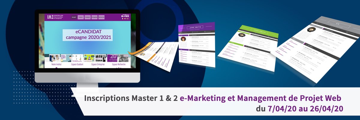 IAE_Montpellier's tweet photo. 📢Les inscriptions pour les M1 &amp; M2 e-Marketing et Management de Projet Web sont ouvertes jusqu'au 26/04 sur eCandidat :
▶️M1 MPWeb https://t.co/V7ugNhAVlS
▶️M2 MPWeb https://t.co/48tThsId6r
▶️M1 e-M https://t.co/9jxUtZ1TOs
▶️M2 e-M https://t.co/iDrEBJa0Li
@M2emarketing #IAE https://t.co/sr84S3vHUC