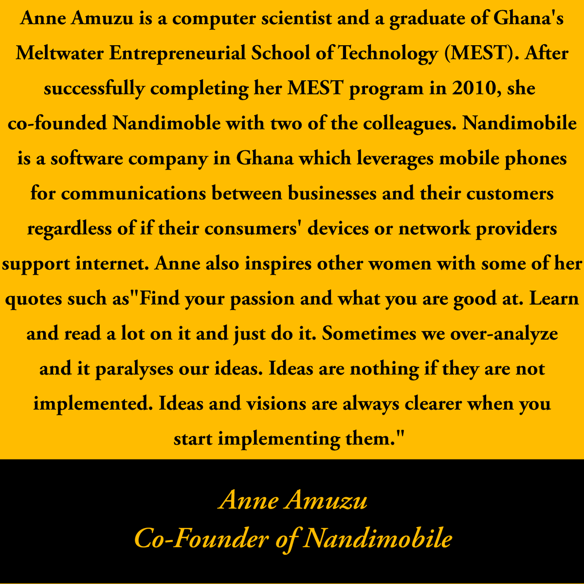 10XWomenToTech's tweet photo. Our Wonder Woman today is Anne Amuzu, co-founder of Nandimobile and graduate of MEST Ghana.
#womenwhocode #womenshistorymonth #womenintech #blackwomenintech #girlswhocode #women #womeninstem #women #womenbosses #womanboss #womenbossesinbusiness #womenempowerment https://t.co/vRZeXCf5pp