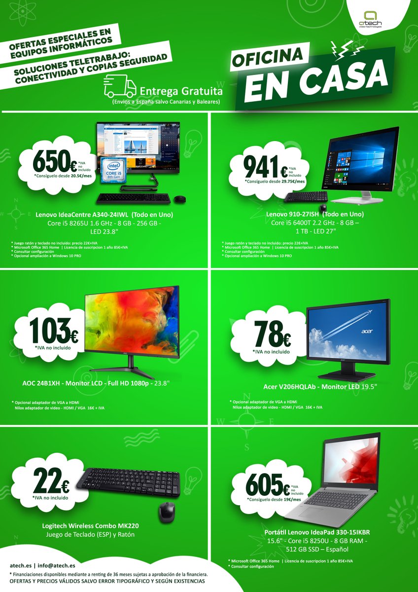 Atech_Malaga's tweet photo. Desde 👨🏻‍💻👩🏼‍💻Atech seguimos conectados a ti ofreciéndote las mejores soluciones en conectividad, seguridad y teletrabajo.

Además, os hemos preparado ofertas especiales en 🖥️💻🖱️equipos informáticos para que tengas tu oficina en casa.

👉🏼 https://t.co/2BmWOHdXfI https://t.co/MMiph681Sr