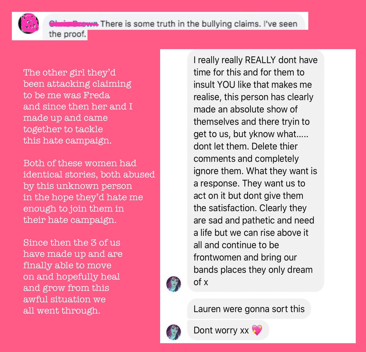 Then here are the 2 girls who were targeted by the accounts posed as me who went through hell because of it. We are now all friends and have been working together to stop this hate campaign once and for all.  #EnoughIsEnough  #bullying  #fake  #abuse  #lies  #accusations