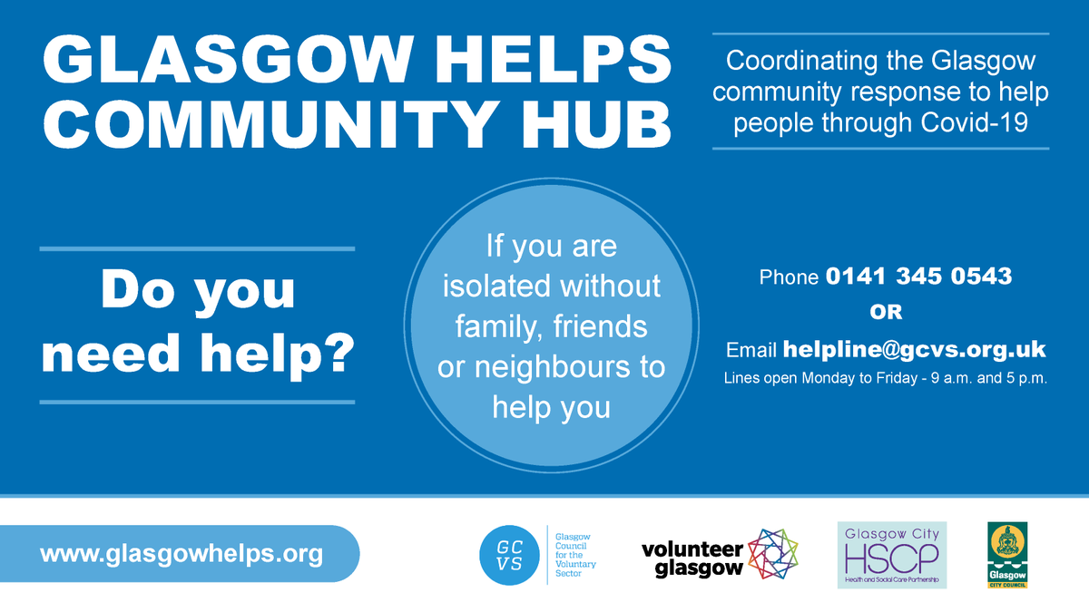 If you're a resident of #Glasgow looking for help during #COVID19 please see 👉 glasgowhelps.org for available local services, including:

▪️ Food delivery 
▪️ Pharmacy pick-up 
▪️ Crisis support

You can also call the helpline on 📞 0141 345 0543
(Mon-Fri 9am-5pm)