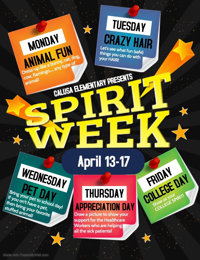 CalusaES's tweet photo. Get ready Calusa! Next week is another SPIRIT WEEK! 4/13-4/17 #flamingoslearnathome #calusaflockrocks #gothedistancepbcsd @pbcsd https://t.co/tu5v5hzDBs