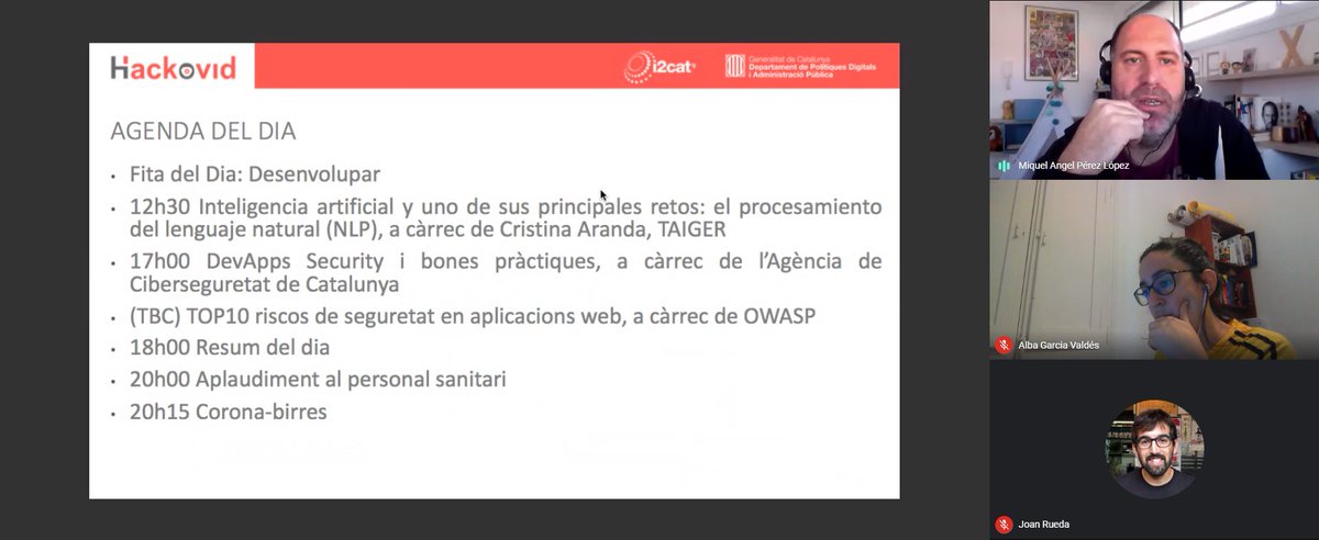 i2CAT's tweet image. Arribem a la tercera jornada de la #Hackovid. Com cada matí, comentem el que ens espera avui:
✔️ Desenvolupament
✔️ Processament de llenguatge natural #NLP
✔️ #DevApps i #seguretat amb @ciberseguracat (TBC)
✔️ Top10 riscos de #seguretat en aplicacions web #OWASP
#JoActuo