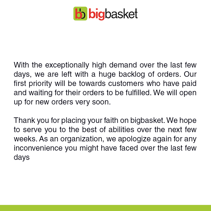bigbasket on Twitter "Dear customer, Sharing an update from our