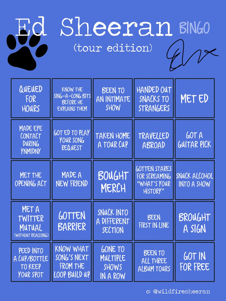 Made an Ed Sheeran bingo: tour edition Feel free to share yours and tag as many friends as you want, here’s mine! 