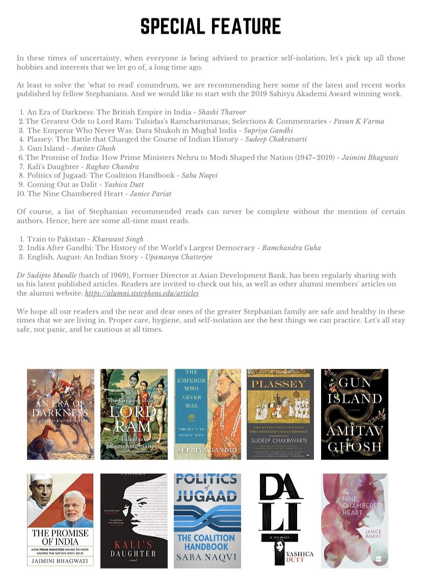 StStephensClg's tweet image. As a special feature in the first #AlumniNewsletter we’ve collated a list of recommended #Stephanian reads. It includes recent releases &amp;amp; must reads by @ShashiTharoor @PavanK_Varma @GhoshAmitav @Ram_Guha @chakraview @raghavchandra @YashicaDutt @_sabanaqvi @janicepariat &amp;amp; more.