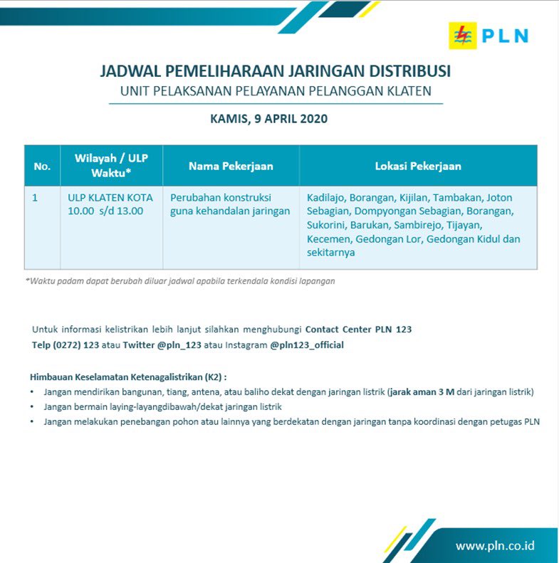 #infoPLN
Pemeliharaan di wilayah kerja ULP Klaten Kota besok, hari Kamis tanggal 9 April 2020.