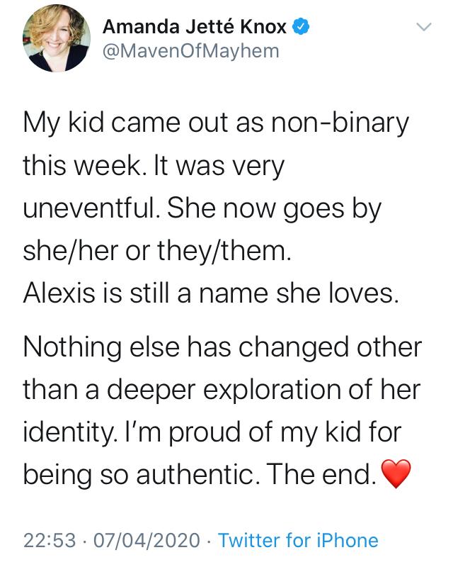 Amanda Jette Knox's child has been on life altering medication for SIX YEARS but their decision that they're not actually trans any more is 'uneventful' and just shows the neighbourhood how 'queer' they really are LOL