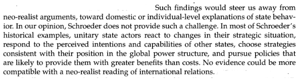 In a response to Schroeder, Miriam Elman and Colin Elman point out that while hiding could be explained by domestic politics, it's not essentialSource:  https://muse.jhu.edu/article/447399/summary