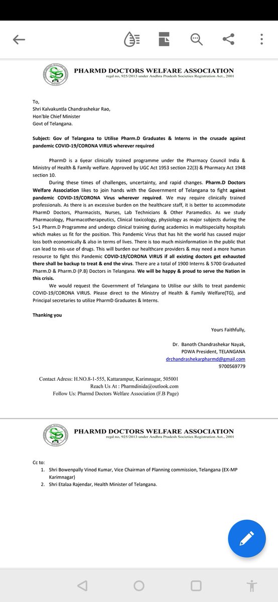 DrChandrapharmd's tweet photo. Respected Sir, 
In these difficult times, we PharmD Doctors would like to join hands with the government of Telangana &amp; Other Healthcare professionals to fight against pandemic COVID-19/CORONA VIRUS 
@TelanganaCMO @PMOIndia @KTRTRS @drharshvardhan
@DrHVoffice
#pharmdfightscorona https://t.co/X2wmlhsMAA