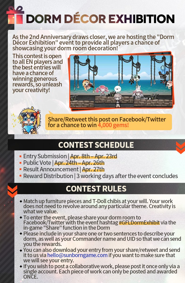 GirlsFrontlineE's tweet image. Dear Commanders,
We will be holding the 2nd Dorm Decoration Showcasing contest! You can share to Twitter your Dorm via the in-game "Share" function to enter the contest! A giveaway will be held at the same time. Please refer to the pictures below for more details!
#GLFDormExhibit