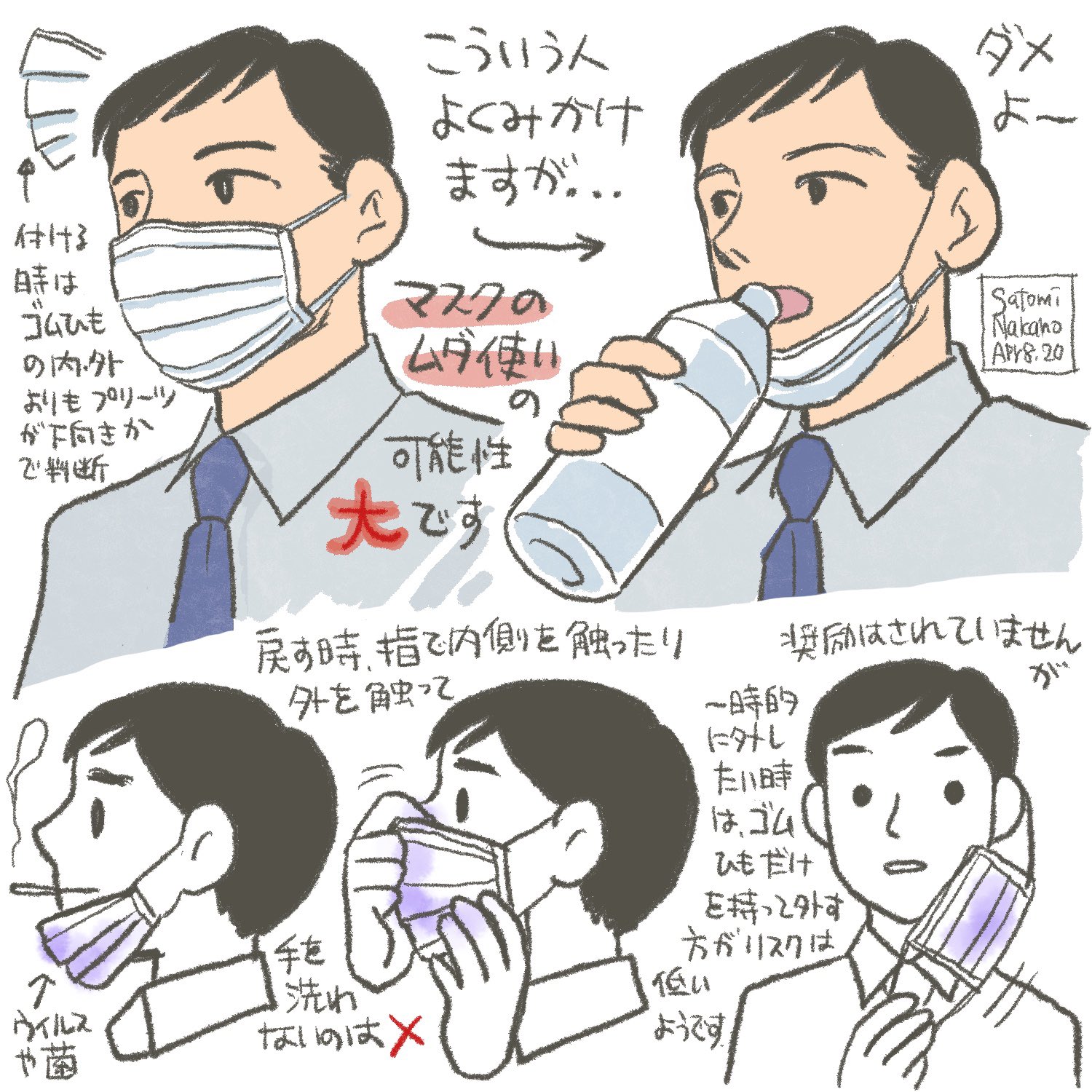 ট ইট র 中野サトミ 漫画とイラスト 今日から在宅も増えてマスク不要になった人も多いと思いますが スーパーや官邸の会見などでも度々目にするので マスクするとき 外すとき 気を付けよう マスクの使い方 マスクの付け外し 顎マスクしちゃダメ
