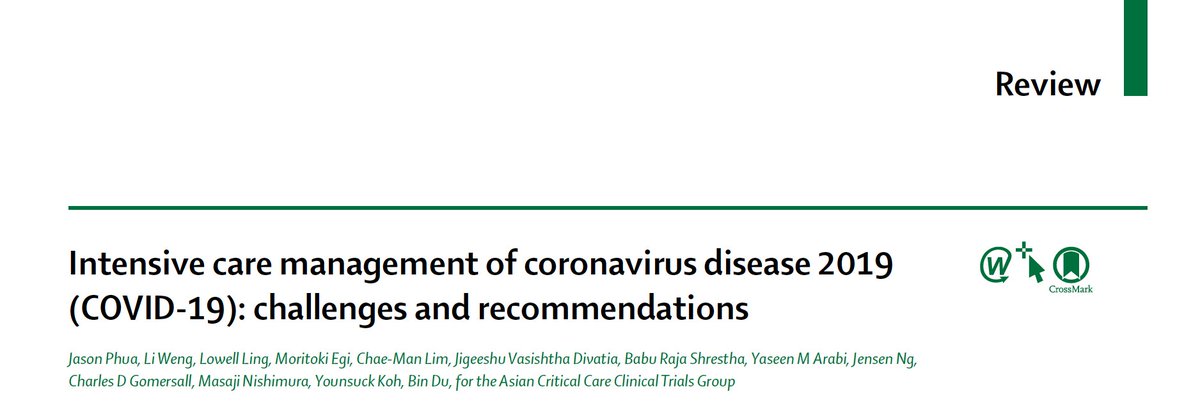 online 6April by  @TheLancet  #COVID19 Intensive care management of coronavirus disease 2019 (COVID-19): challenges and recommendations  https://www.thelancet.com/journals/lanres/article/PIIS2213-2600(20)30161-2/fulltext#.Xo2PS0YLknE.twitter by  https://medicine.nus.edu.sg/researchers/phua-jason/ President, Society of Intensive Care Medicine, Singapore