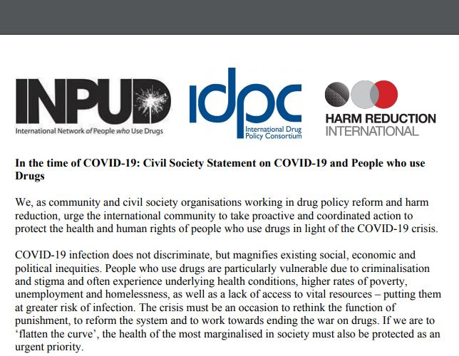 HRInews's tweet photo. We join @INPUD @IDPCnet and over 300 other human rights groups and civil society organisations in calling for more proactive and coordinated action by the int'l community to protect the health + human rights of people who use drugs in light of the COVID-19 https://t.co/0NWZauHnpj https://t.co/rsRLxeDLfw