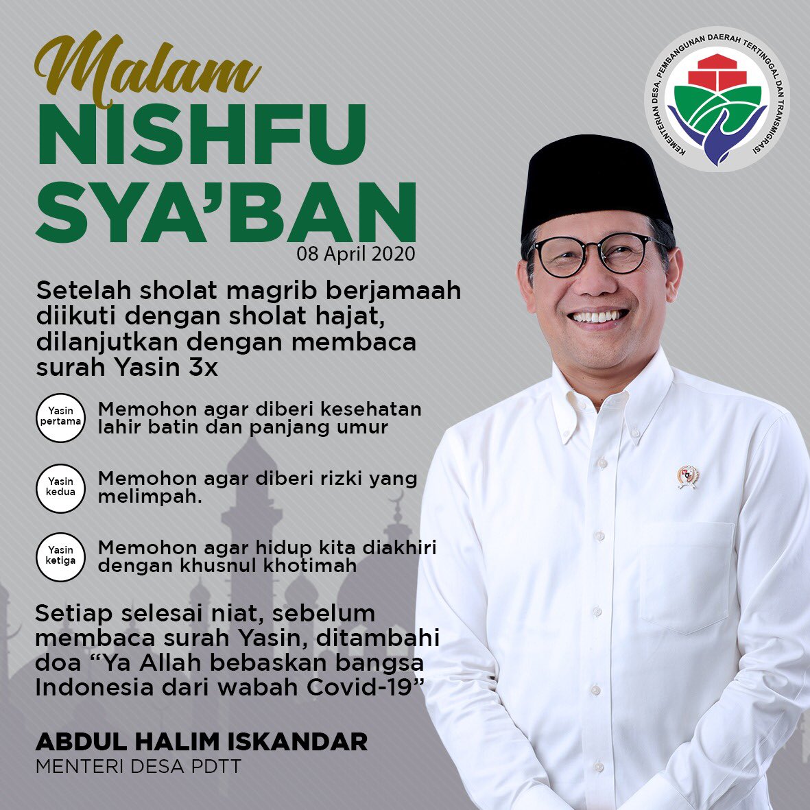 Mari kita hidupkan malam nishfu sya’ban dengan berdoa dan berdzikir agar bangsa Indonesia terbebas dari wabah Covid-19.