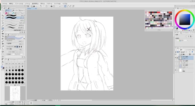 ClipStudioの自動彩色を使えば一瞬でそれっぽくなるww
線画を描いて参照レイヤーに設定→下のレイヤーに載せたい色を適当に置く→「編集」の「自動彩色」の「ヒント画像を使って彩色」→完成!
はみ出てるところはマスクで整えればよい 