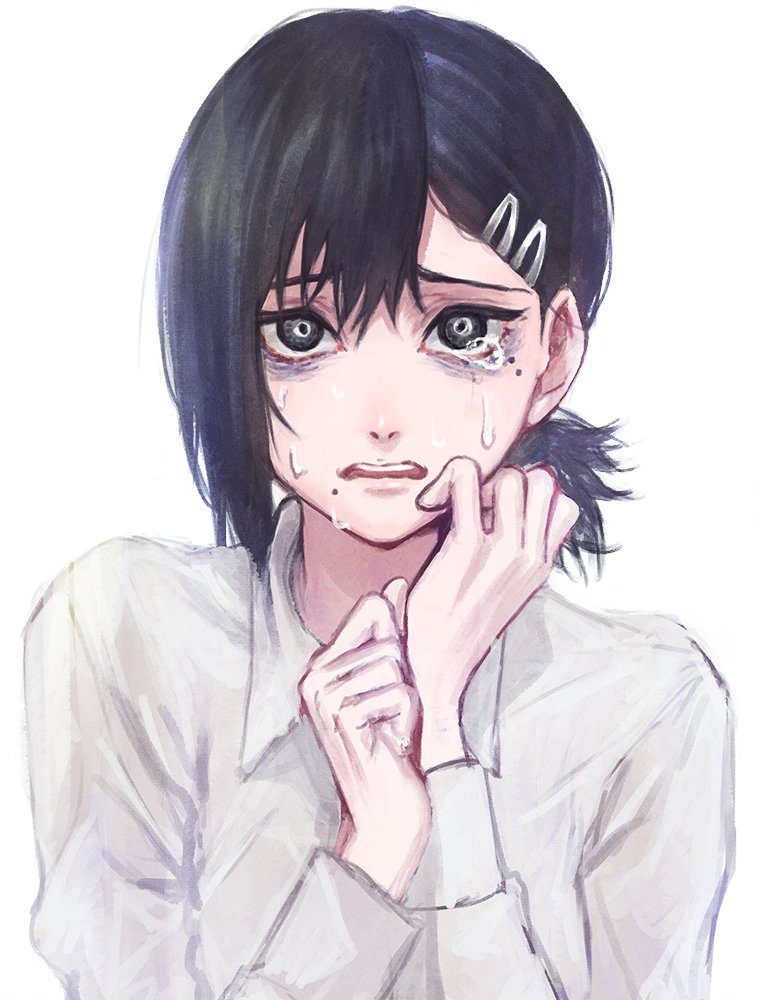 higashiyama kobeni 1girl solo mole shirt black hair crying hair ornament  illustration images