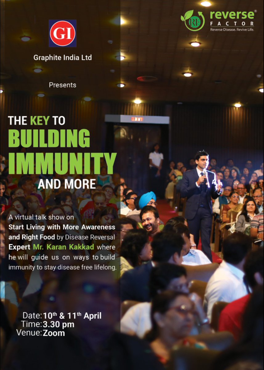 A virtual talk on The Key to Building Immunity with all the employees of Graphite India Ltd with Mr. Karan Kakkad on Zoom session from 10th April & 11th April starts at 3:30 PM.

#reversefactor #reversedisease #livesession #buildingimmunity #zoomsession #health #foodismedicine