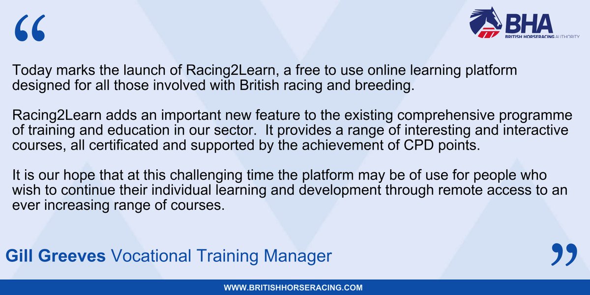 Platform has been developed over the last 12 months with <a href="/1st4sportQuals/">1st4sport</a> and aims to provide a range of flexible eLearning courses that can be accessed remotely in areas such as:

🔹Horse care
🔹Racehorse welfare
🔹Safeguarding