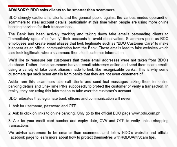 newswatchplusph's tweet photo. BDO strongly cautions its clients and the general public against the various modus operandi of scammers to steal account details, particularly at this time when people are using more online banking services for their transactions. https://t.co/zH8o2swFji