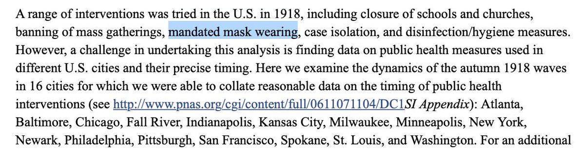 Etude n°1 de 2007. Bootsma MCJ, Ferguson NM. The effect of public health measures on the 1918 influenza pandemic in U.S. cities. Proc Natl Acad Sci USA 2007;104(18):7588–93. ( https://www.ncbi.nlm.nih.gov/pubmed/17416677/). Plus on agit tôt (incluant le port généralisé de masques), mieux c'est.