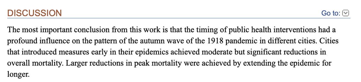 Etude n°1 de 2007. Bootsma MCJ, Ferguson NM. The effect of public health measures on the 1918 influenza pandemic in U.S. cities. Proc Natl Acad Sci USA 2007;104(18):7588–93. ( https://www.ncbi.nlm.nih.gov/pubmed/17416677/). Plus on agit tôt (incluant le port généralisé de masques), mieux c'est.