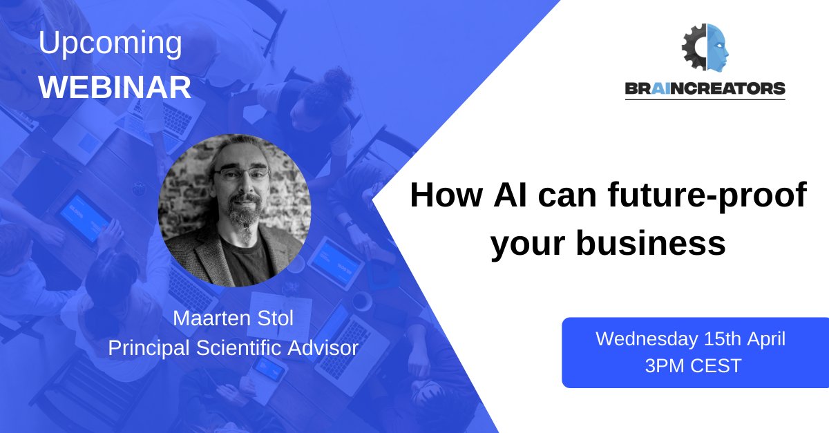 BrainCreators's tweet photo. How can #AI #futureproof your business? What are the prerequisites for AI to succeed? 

Join our #FreeWebinar on Wednesday 15th, 15.00 CEST where @MaartenCStol will address these questions among others. Register now! https://t.co/6qMRUYnDYr https://t.co/GP8WRUkdhX