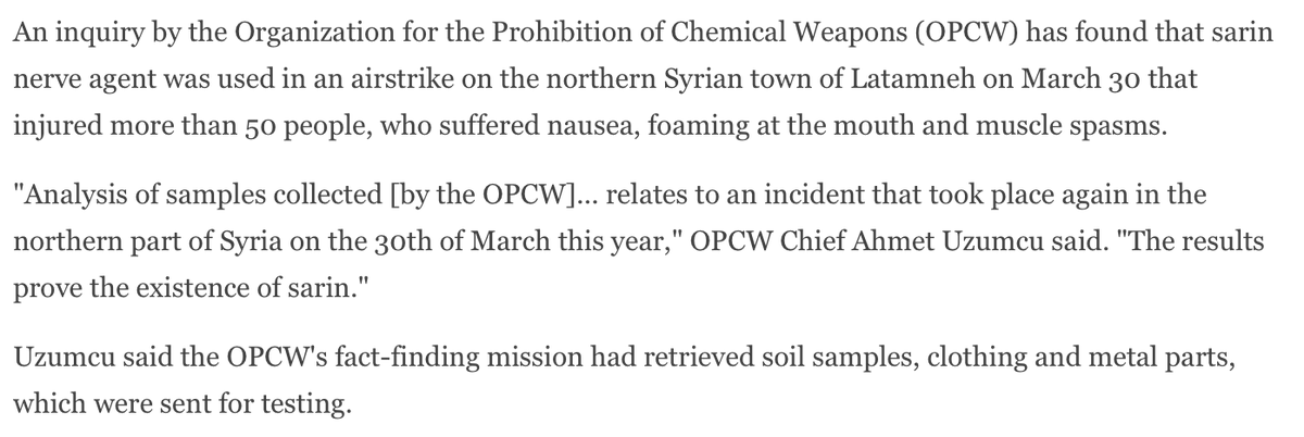 It wasn’t until October 2017 that OPCW head Ahmet Uzumcu stated Sarin was used in the March 30th 2017 Al-Lataminah attack, after which Bellingcat began to investigate the incident  https://www.dw.com/en/sarin-gas-was-used-in-another-syria-attack-this-year-chemical-weapons-watchdog-says/a-40809222