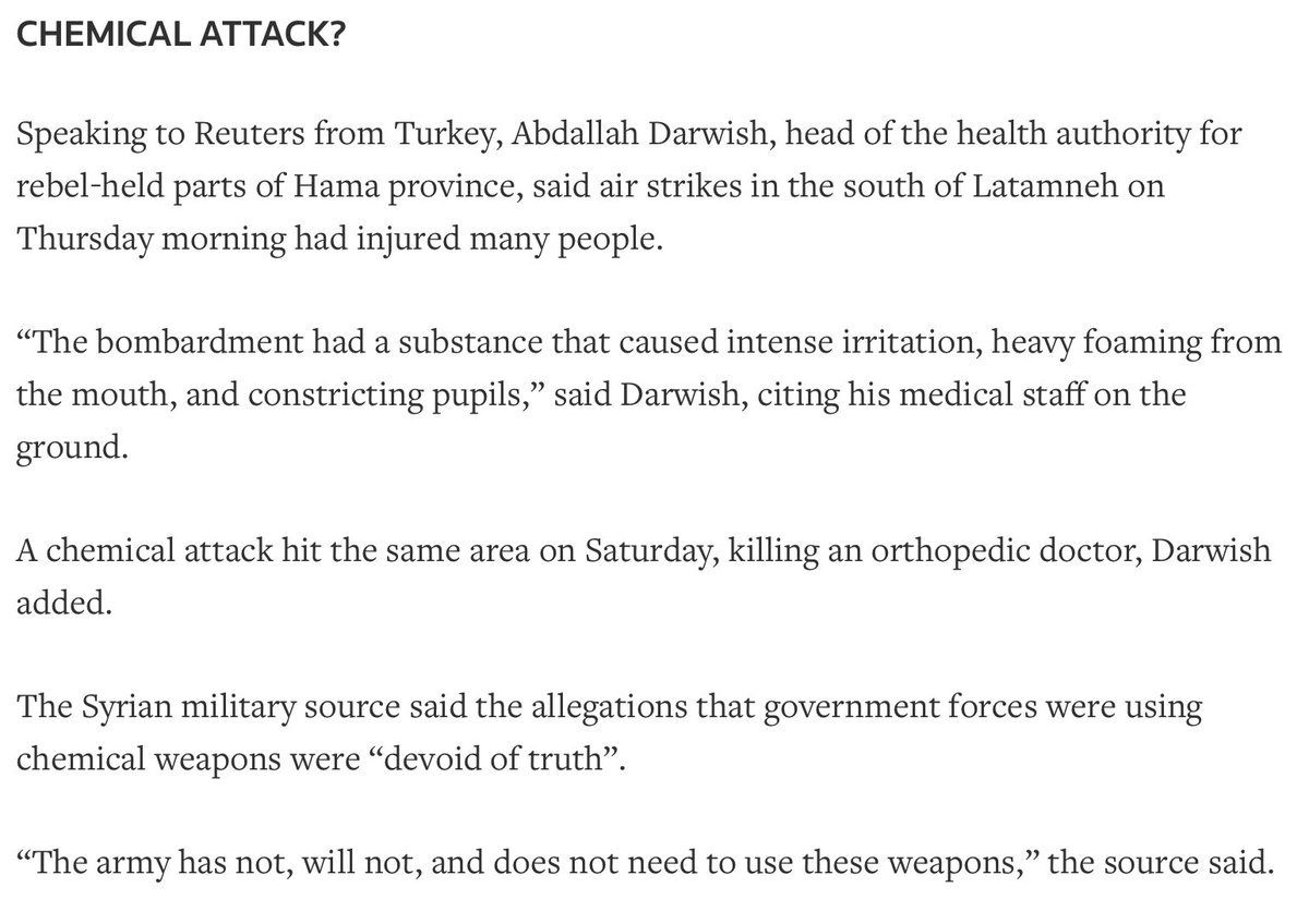 Our investigation discovered few references to the March 30th attack. A rare media report on the incident March 30th attack was Reuters March 30th article, which also referenced the March 25th chlorine attack currently being investigated by the OPCW-IIT  https://www.reuters.com/article/us-mideast-crisis-syria-hama/warplanes-strike-near-syrias-hama-as-army-counter-attacks-idUSKBN1711O9