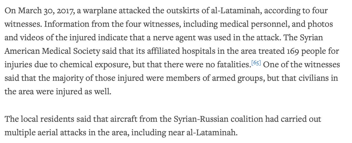 According to the  @hrw report, the Syrian American Medical Society stated that 169 individuals were treated for chemical exposure, with no fatalities recorded https://www.hrw.org/report/2017/05/01/death-chemicals/syrian-governments-widespread-and-systematic-use-chemical-weapons#88df05