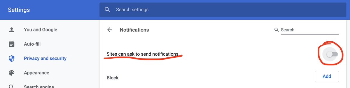 burakosfer's tweet image. Browser notification requests on makes-no-sense websites really annoy me. If you are tired of hitting &quot;block&quot; each time you visit a new website, here is the chrome setting to get rid of those. #block #browsernotifications