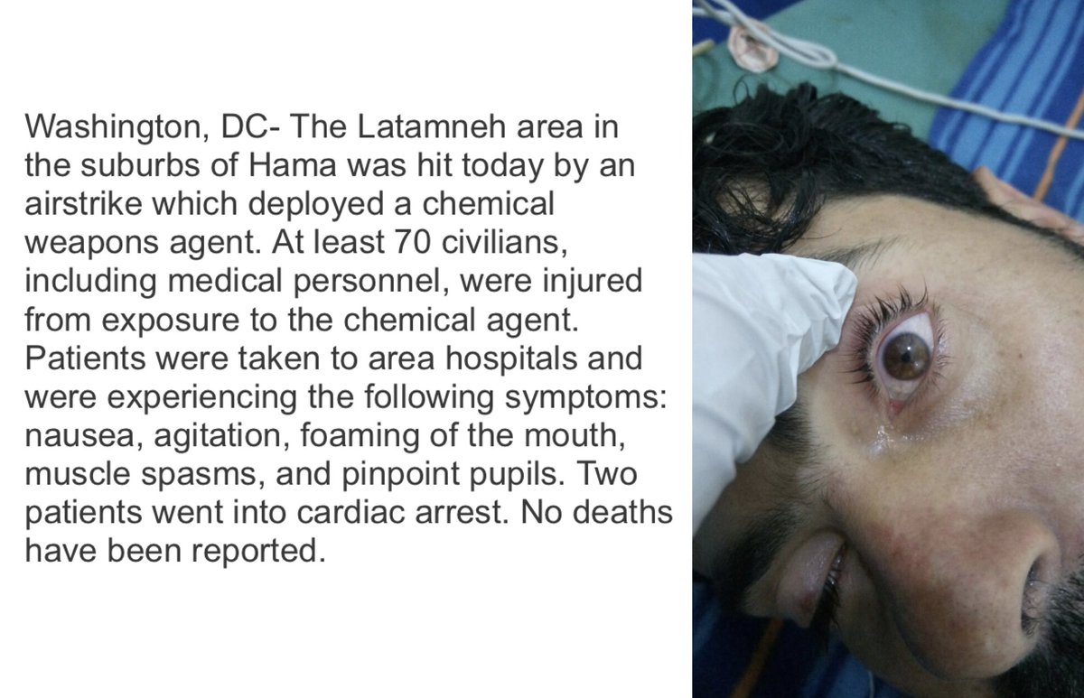 A statement by  @UOSSM stated at least 70 civilians were injured from exposure to a chemical agent, detailing symptoms consistent with Sarin exposure, and included an image of the constricted pupil of one victim, consistent with Sarin exposure https://myemail.constantcontact.com/PRESS-RELEASE.html?soid=1125761508982&aid=7E5PGfld1Io