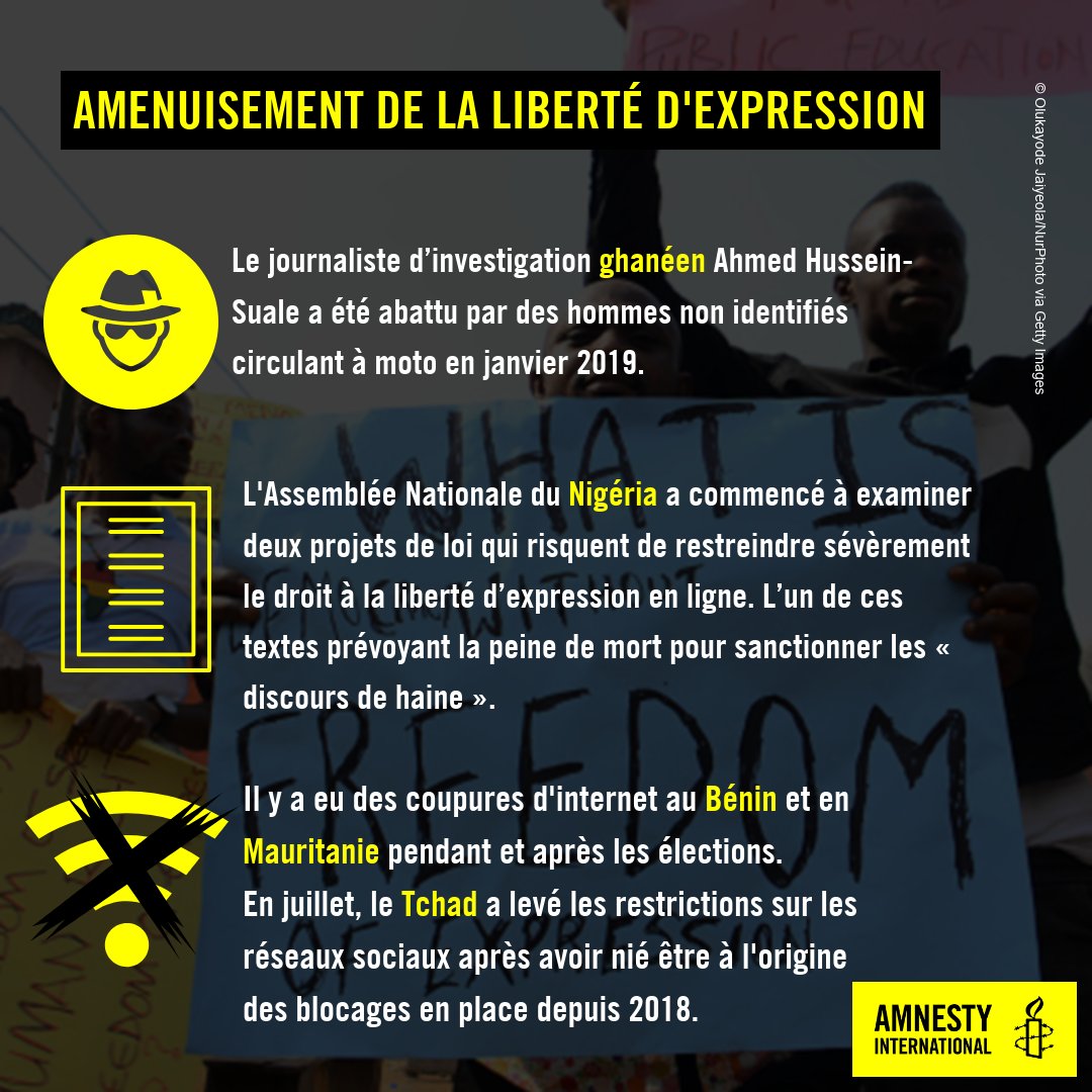 amnestybenin's tweet image. #RapportAnnuel

Amenuisement de la liberté d’expression.

Des violations de la liberté d'expression ont été relevées en 2019 dans plusieurs pays de l'Afrique de l'Ouest et du Centre notamment au Ghana, au Nigéria, au Bénin, au Tchad et en Mauritanie.

#Benin #HumanRightsReport
