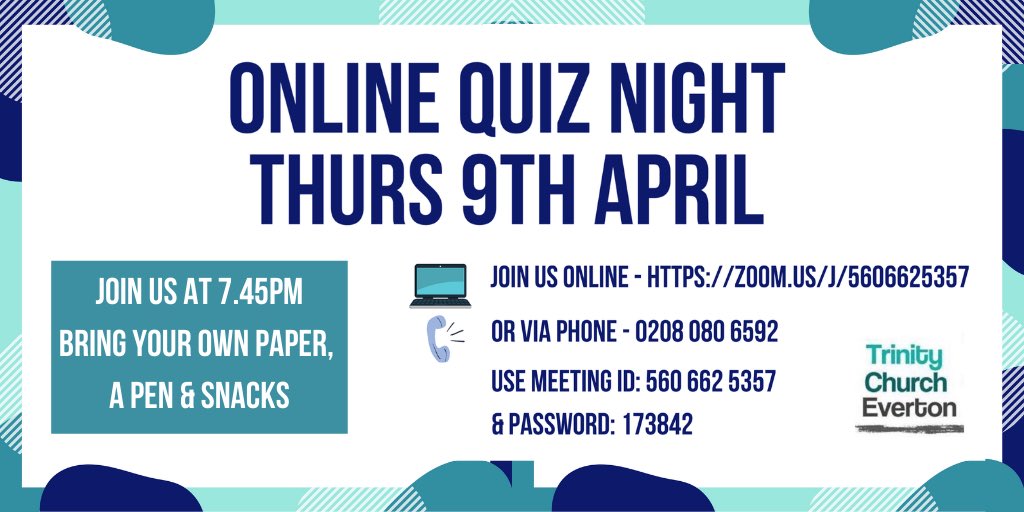 Join us this Thursday at 7.45pm for an online Quiz Night - just bring your own pen, paper &amp; snacks