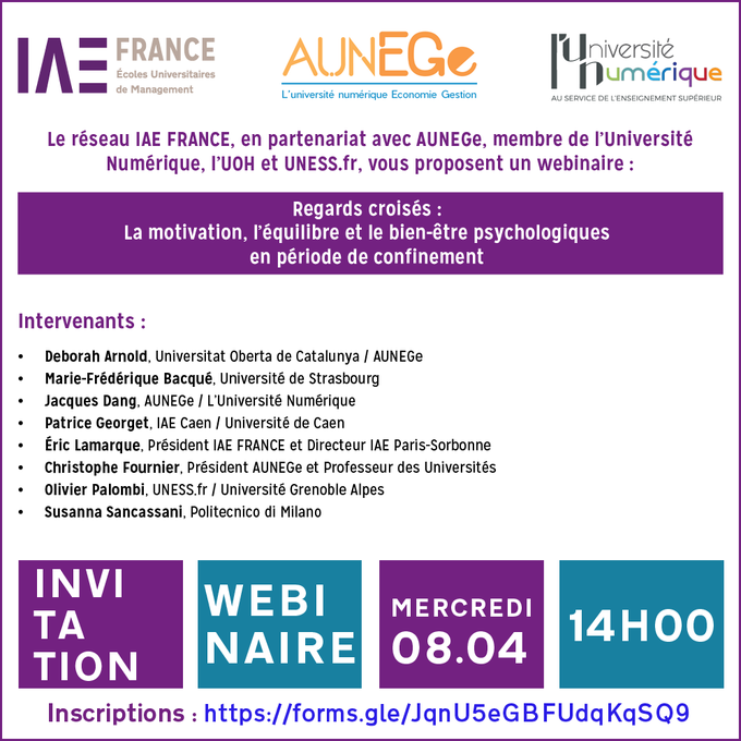 Aunege's tweet photo. ⏱️RDV aujourd’hui à 14h pour le webinaire sur «La motivation, l’équilibre et le bien-être psychologiques en période de confinement», organisé par @Aunege membre @lunivnumerique et @IAEFRANCE #teletravail #bienetre 
>> Lien direct vers le webinaire https://t.co/Q07SU5xTuP https://t.co/A7HxFKzahc
