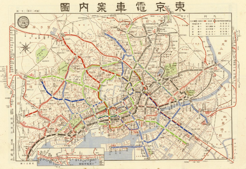1920年代の地図とは思えないポップな色使い。かわいいね。 「東京電車