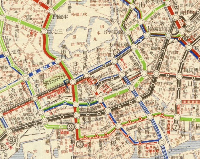 1920年代の地図とは思えないポップな色使い。かわいいね。 「東京電車
