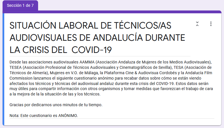 Si trabajas en la industria #audiovisual #cine de #Andalucía como técnica o técnico, te pedimos que nos ayudes a trazar una radiografía sobre cómo nos está afectando esta crisis rellenando este cuestionario anónimo #COVIDー19 

📋 cutt.ly/DtKuA8v