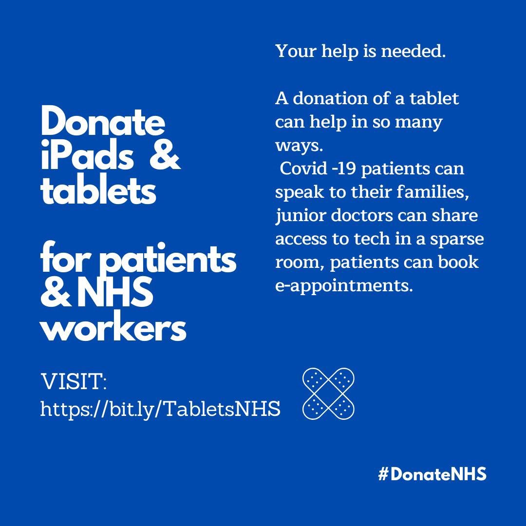 evj's tweet photo. Your help is needed. Do you have a tablet that you don’t use? We are collecting tablets &amp; getting them to hospitals so people who are very sick can speak to their families, in some cases for the last time. If you have one, pls fill out this short form https://t.co/G51Y4GvlUb https://t.co/Mrsg3kAiky