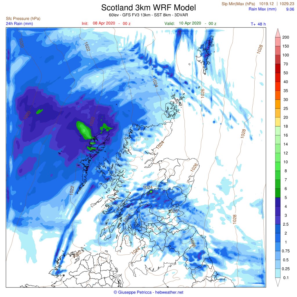 3/3 - Precipitations will be more concentrated on the Western side of the country today, while tomorrow they will be more sparse.The last image shows the advancing cold front from the NW, while it was passing over the  #OuterHebrides  #Scotland earlier last night. [End Thread]