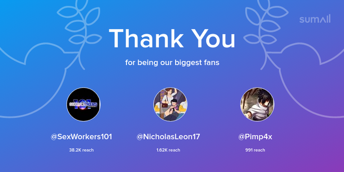Our biggest fans this week: SexWorkers101, NicholasLeon17, Pimp4x. Thank you! via https://t.co/MQbZ2Va1B6