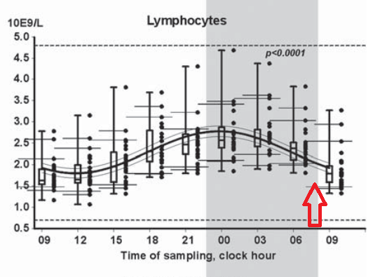 10/ Early morning venous sampling from patients resting in bed has important physiological influences on the lymphocyte count and subset numbers. Careful with interpretation of moderately-low ALC in hospitalized patients in early AM (nadir): doi:10.3109/00365513.2011.602422