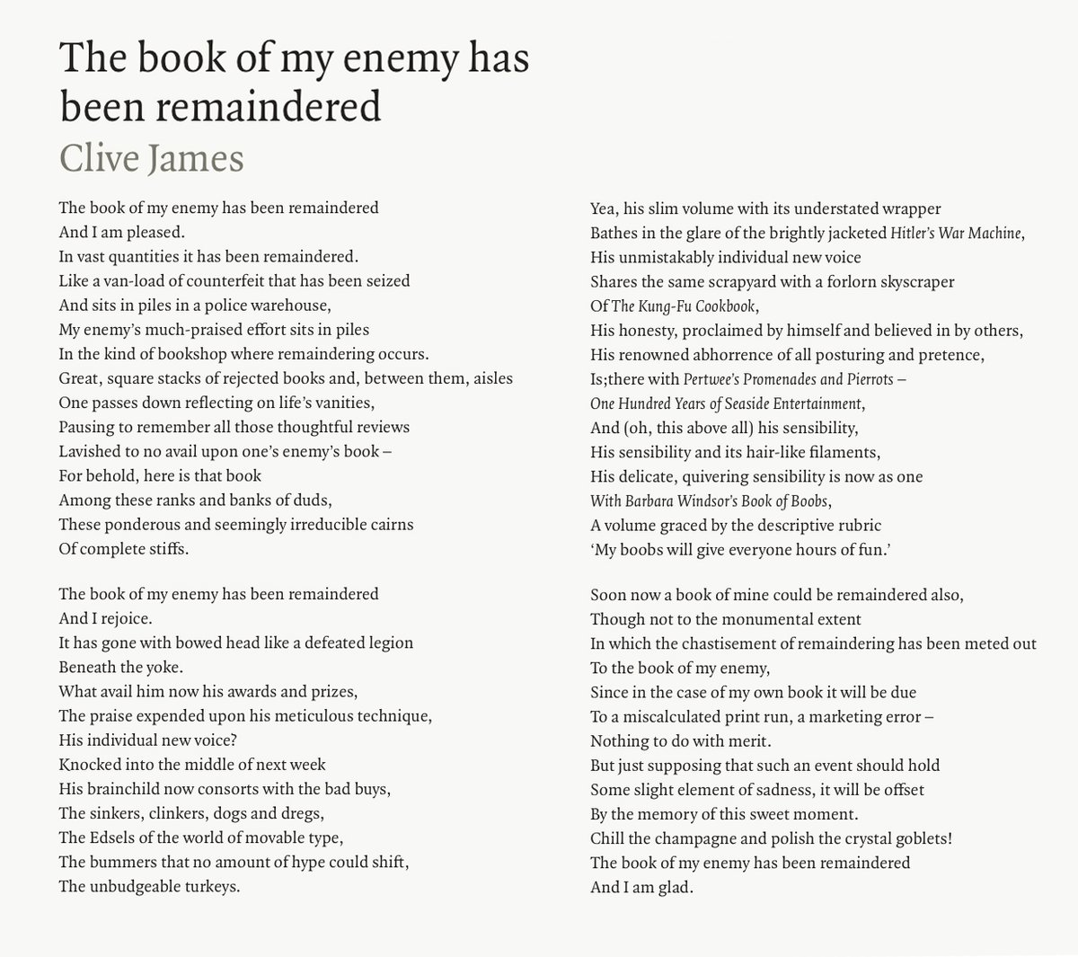 67 The Book Of My Enemy Has Been Remaindered by Clive James, read by Deborah Frances-White  @DeborahFW  #PandemicPoems  https://soundcloud.com/user-115260978/67-the-book-of-my-enemy-has-been-remaindered-by-clive-james-read-by-deborah-frances-white