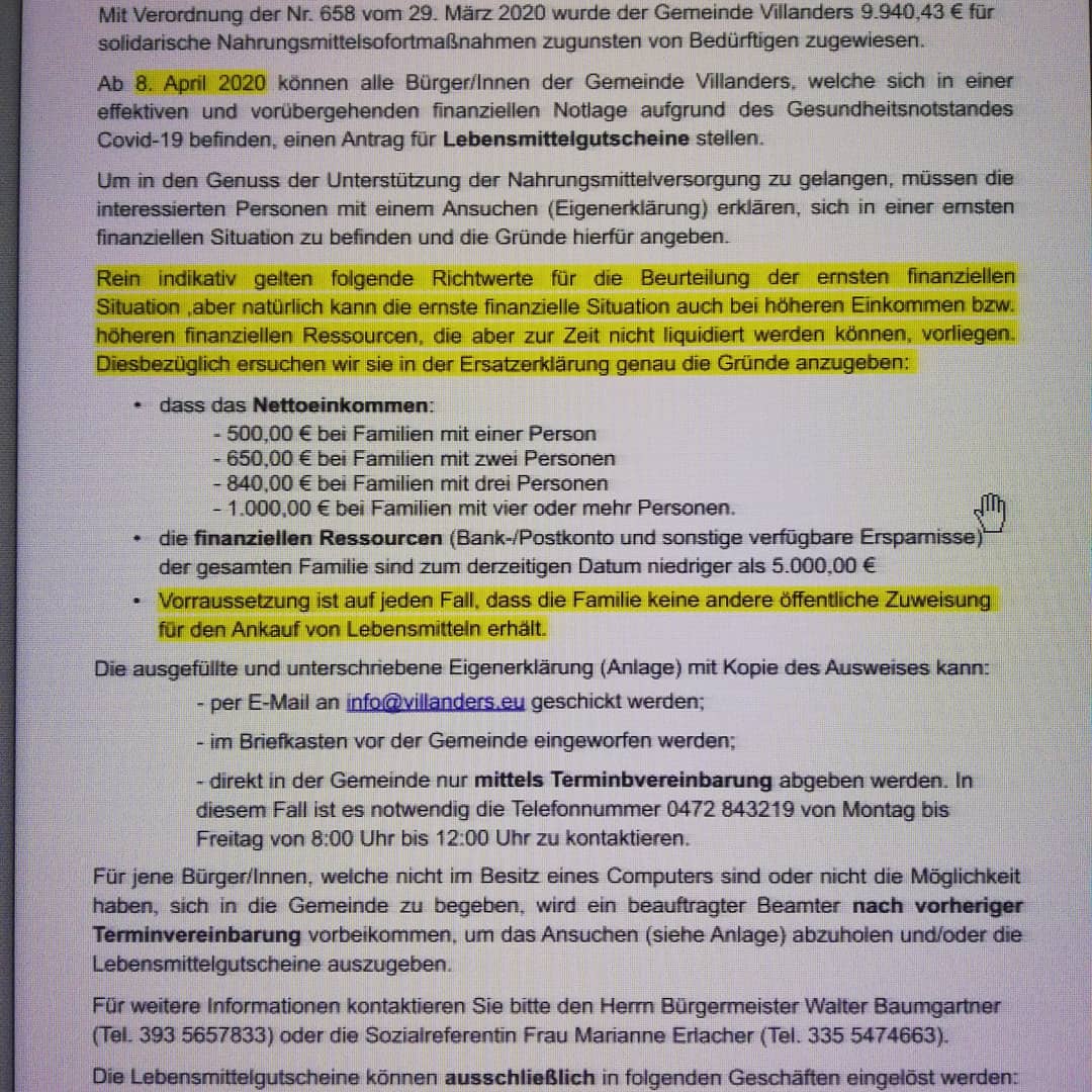 Ab heute Gesuche können Familien und Einzelpersonen, um LEBENSMITTEL-GUTSCHEINE zum Einkauf von Lebensmitteln und Grundbedarfsgüter (Alkohol und Tabakwaren sind ausgeschlossen) ansuchen. Anträge werden schnell geprüft.
Formulare auf der Homepage der Gemeinde oder dort abholen.