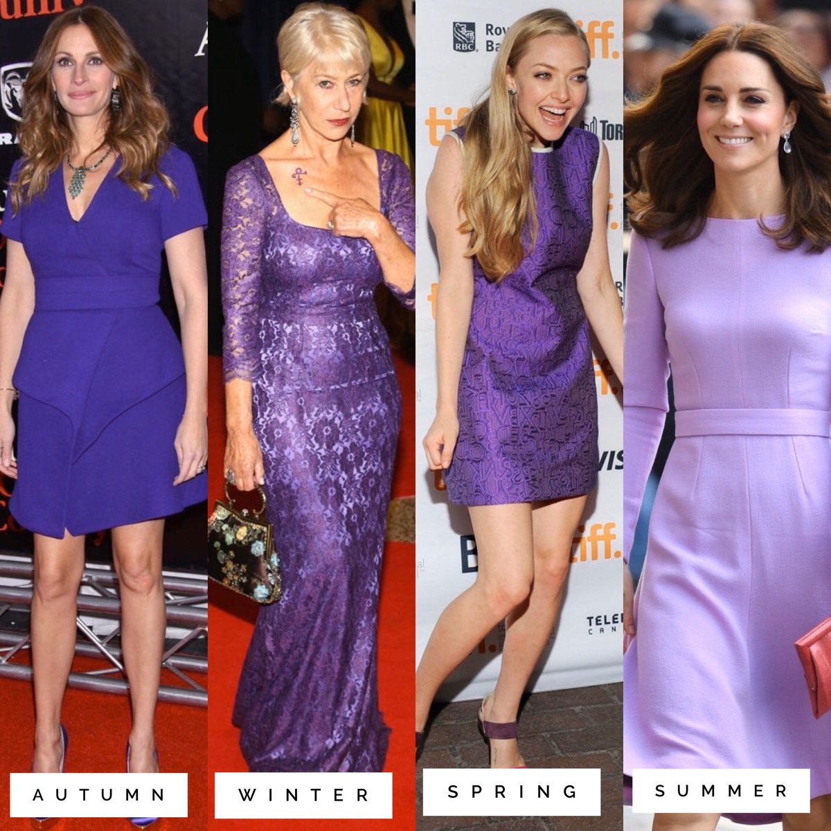 TrueColourswith's tweet image. #Purple is a colour we can all wear. It’s a matter of getting the shade right! Four celebs all wearing purple, and all looking stunning! Do you know which shade of purple is best for you? Would you like some help in finding out? Online colour analysis is the answer! #colour