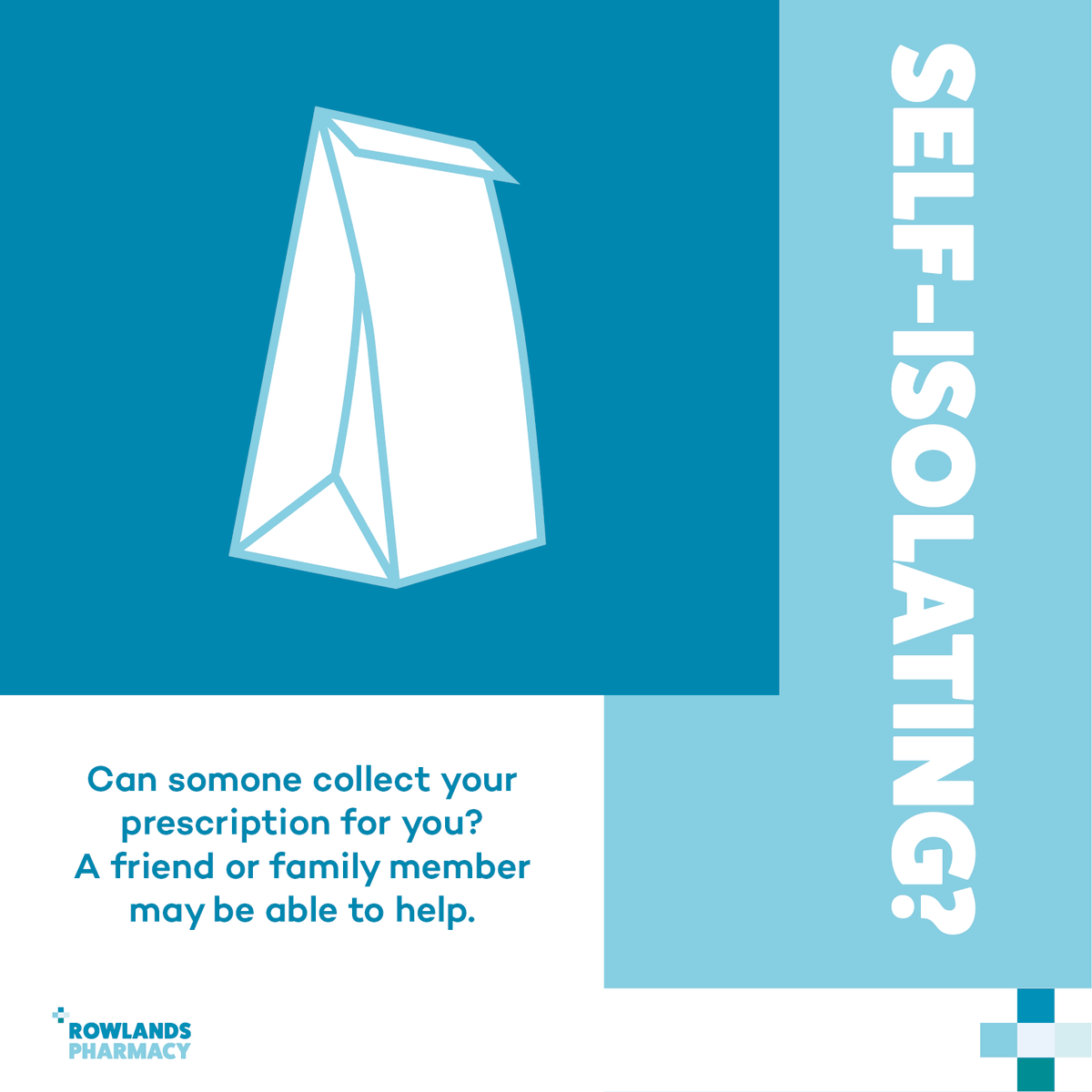 RowlandsTweets's tweet photo. Are you self-isolating? 
Can someone collect your prescription for you? 
A friend or family member can collect your prescription on your behalf as long as they have your name, address and their own ID (in some cases) https://t.co/a52Z0Uy8jE