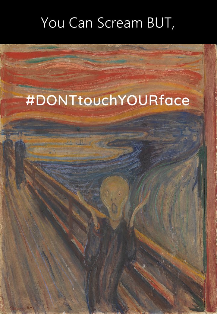 【新型コロナ予防】

「顔を触らない」という予防法をもっと多くの人に知ってもらうために、同僚と考えたビジュアル。

つい顔を触りそうなとき、この「叫び」を思い出してほしい！

#顔を触るな
#DONTtouchYOURface
#StopTheSpread 
#COVID19 
#CovidOpenBrief
#UNCovid19Brief
@WHO
@UN