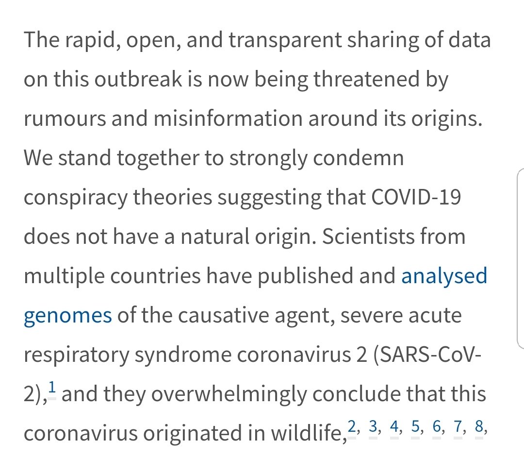 Feb 3 2020; The US Office of Science is requesting 'Scientific' assistance in determining the make-up and possible 'origin' of the  #COVID19 virus. By Feb 19 2020,  @TheLancet has published a statement by 'Public Health' scientists concluding the  #virus originated in wildlife.
